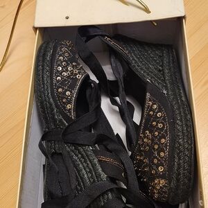 Black Lace-Up Espadrille Wedge with Gold Stud Detail